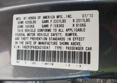 2012 Honda Accord 2.4 Se z USA, uszkodzony, nr VIN 1HGCP2F68CA218347